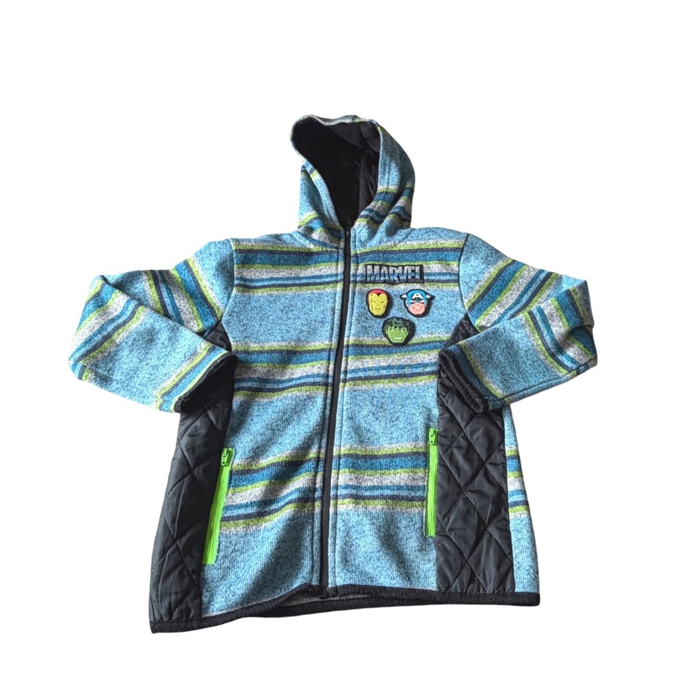 Marvel Avengers Boys Blue Striped Full Zip Hoodie Character Patches Size 7
